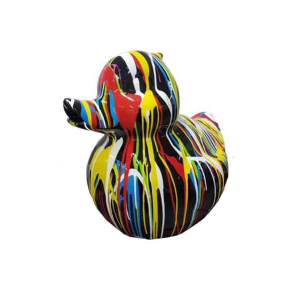 Abstract decorative sculpture designed as a gloss black colored duckling with colorful stripes 60cm