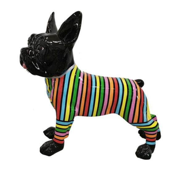 Decorative sculpture designed as black gloss bulldog with colored shirt figure 190cm