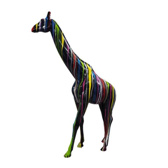 Decorative sculpture designed as gloss black giraffe figure with colored stripes 320cm height
