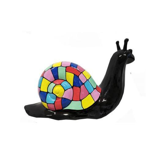 Full black colored gloss decorative sculpture designed as a snail with a shell in multi-colored rectangular mosaic patterns 40x70cm