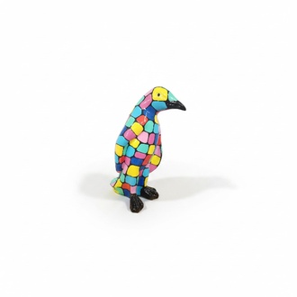 Decorative sculpture designed as a gloss standing penguin painted in colorful square mosaic patterns 40cm