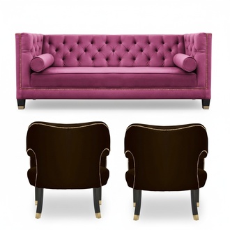 Pink Chesterfield 2Seaters Black Textile Modern Design Luxury Furniture Sofa Set New