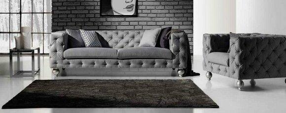 Chesterfield Sofa Set XXL 3-Seater + Armchair 1-Seater Grey Textile Upholstered New