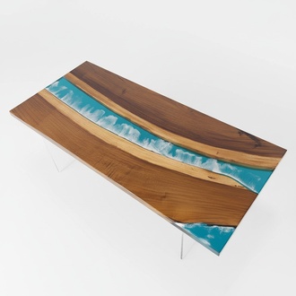 Real Wood Waterfall Table Epoxy Resin Dining Table Solid Furniture New