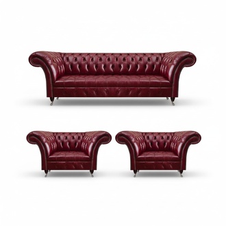 Red Chesterfield living room sofa set, three-seater, 2 armchairs.