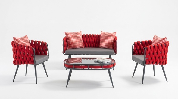 Red garden set luxury seating furniture table sofa patio couch 4pcs.