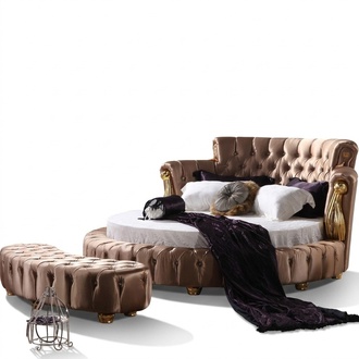 Chesterfield design fabric upholstered massive round double bed in modern style for marriage couple made of real wooden frame with crystal stones
