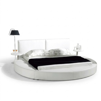 Modern style massive leather upholstered round double bed for marriage couple made of real wooden frame