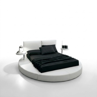 Leather upholstered massive round double bed in modern style for marriage couple made of real wooden frame