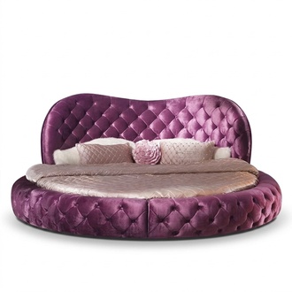 Chesterfield design fabric upholstered massive round double bed for marriage couple in modern style made of real wooden frame with crystal stones