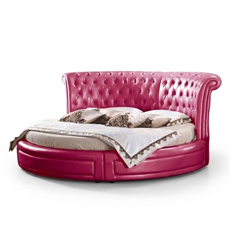 Premium faux leather upholstered chesterfield design round double bed with crystal stones made of real wooden frame
