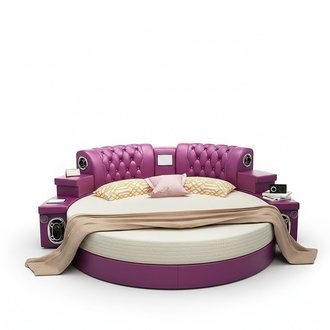 Round King Size Bed Round Beds Multifunction Hotel Upholstery Led Shelf Leather New