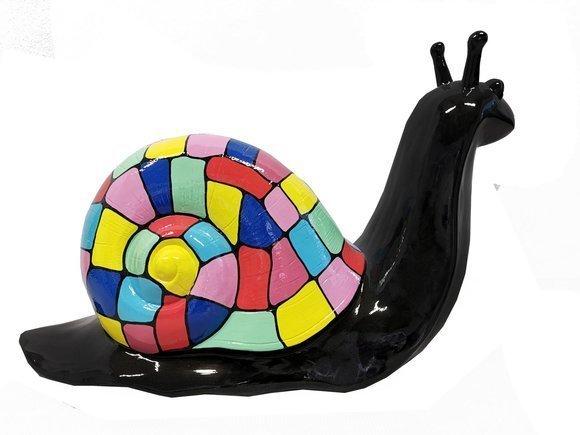 Decorative abstract sculpture designed as a gloss black snail with a colorful shell in mosaic patterns 100cm