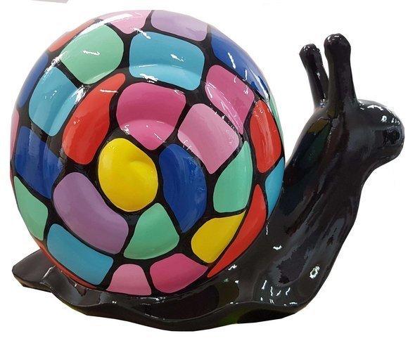 Decorative abstract sculpture designed as a gloss black snail with a shell in mosaic patterns colored (A706A)