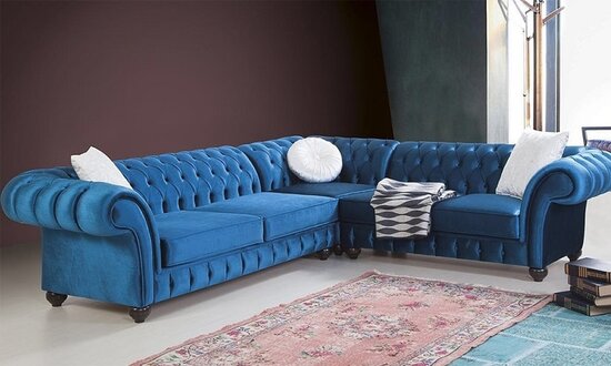 Chesterfield Corner Sofa L-Shape Blue Textile Fabric Upholstered Cosy Couch New