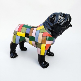 Decorative sculpture designed as a gloss standing black colored dog painted in colorful rectangular mosaic pattern suit 74x90cm