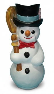 Christmas deco figure of a snowman holding a broom & dressed in black hat & red bow 83cm