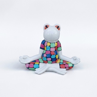 White decorative sculpture of a cartoon frog in yoga pose painted in colorful square pattern suit 55cm