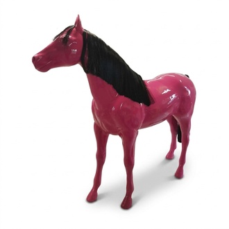 Full pink colored decorative sculpture of gloss horse with black mane 190x240cm