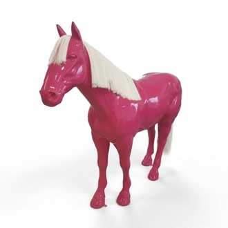 Full pink colored decorative sculpture of gloss horse with blond mane 190x240cm