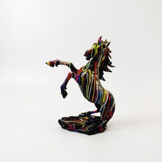 Decorative sculpture designed as a gloss full black colored mustang horse in colorful stripes 92cm