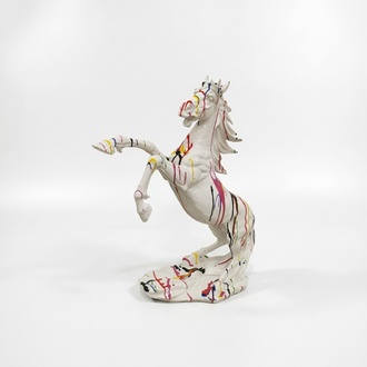 Decorative sculpture designed as an white colored mustang horse in colorful patterns 92cm