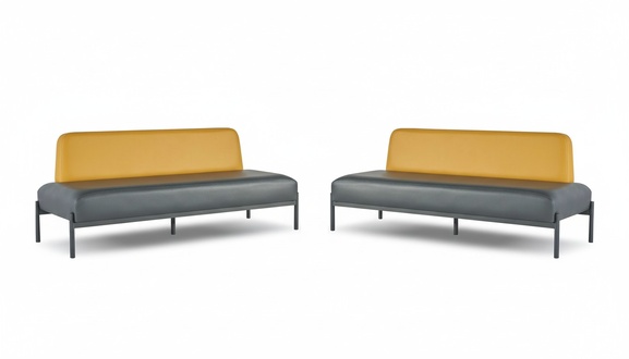 Sofa Set 3-Seater Black Yellow Art Deco Leather Sofas Stainless Steel Wood
