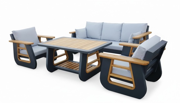 Garden furniture lounge set sofa armchair coffee table black wood 4-piece new