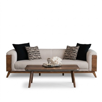 Sofa set 3-seater coffee table couch upholstered living room beige