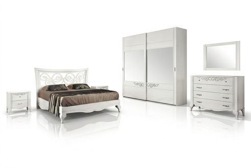 6-piece bedroom set: bed, nightstand, wardrobe, dresser, mirror.