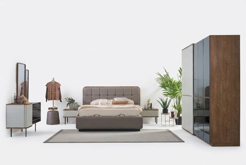 Bedroom bed set 5-piece double bed brown wooden bed frame