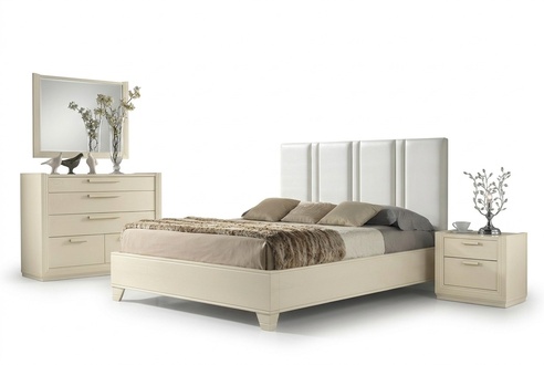 Set Bedroom Bed Nightstand Dresser Mirror Luxury Wood Design 5pcs