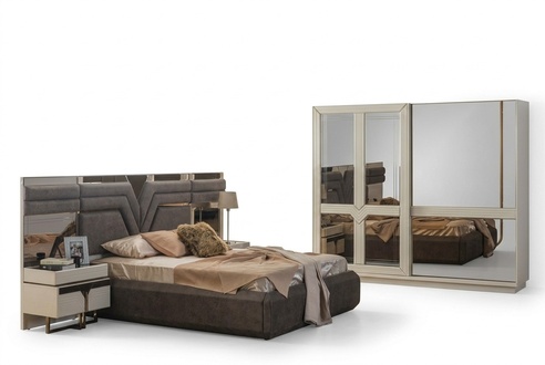 Bedroom set double bed bed bedside tables 4 pcs grey wardrobe