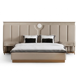 Set of bedroom double bed bedside tables set 3 pieces beige fabric
