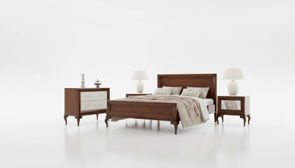Bedroom set double bed bedside table chest of drawers brown set 4 pcs