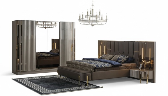 Set Bedroom Double Bed Luxury Bed Modern Brown Set 4pcs New