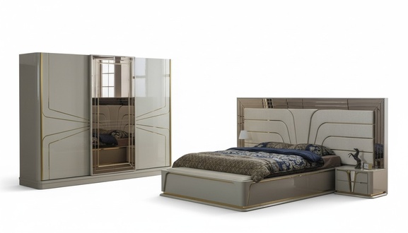 Set Bedroom Double Bed Luxury Bed Modern Beige Set 4pcs New