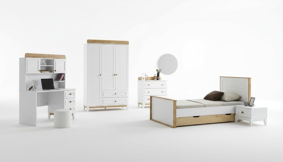 Set of children\'s room furniture, bed, children\'s bed, white wood, 5-piece set.