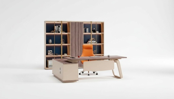 Office furniture set with desk, cabinet, and corner desk in beige wood.