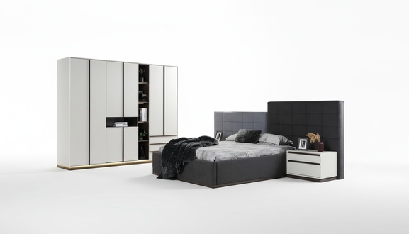 Set double bed bedroom bed bedside tables 4 pcs gray wardrobe