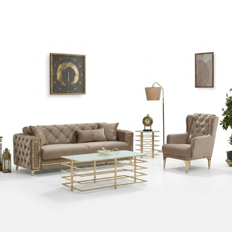 Sofa set, couch, upholstered sofa, three-seater, armchair, beige, 2-piece.