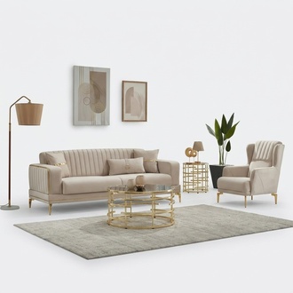 Couch set sofa upholstered sofa three-seater armchair beige 2 pieces