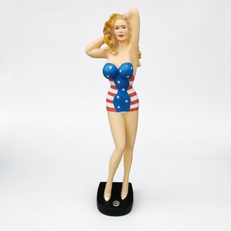 Decorative sculpture designed as blond woman in american style colored dress 140cm