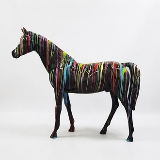 Decorative abstract sculpture designed as black colored horse with colorful stripes 190x220cm sizes