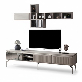 Sideboard RTV Lowboard Shelves TV Stand Cabinet Wood Grey Living Room Wall