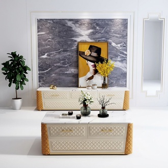 Sideboard TV Lowboard RTV XL Cabinet Coffee Table Imitation Marble 2pcs Living Room