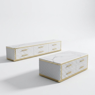 Sideboard TV Lowboard RTV XL Cabinet Coffee Table Living Room Marble Imitation 2pcs.