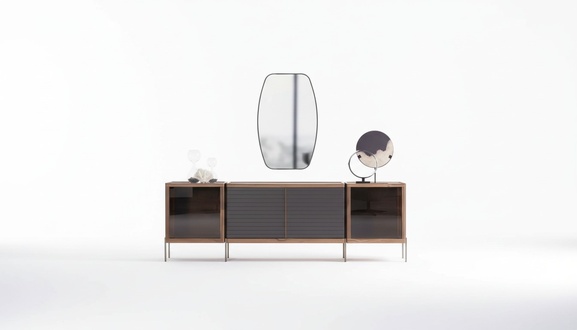 Sideboard side unit with mirror, glass front, marble look, wood, stainless steel.
