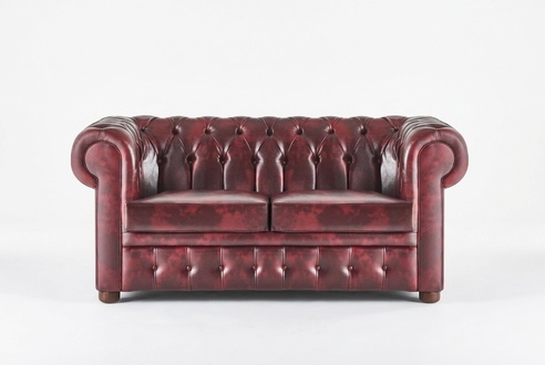 Sofa 2-Seater Bordeaux Solid Color Chesterfield Design Couch Leather Sofa