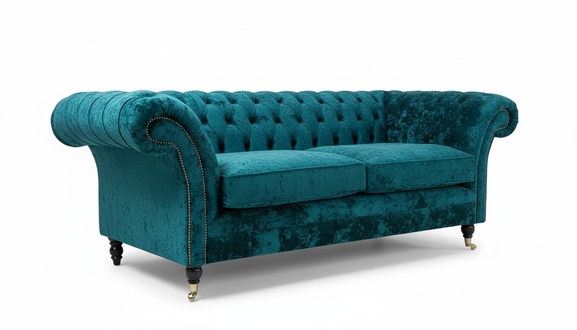 Chesterfield Sofa 3-Seater Turquoise Green Textile Upholstery Couch on Castors Comfortable New